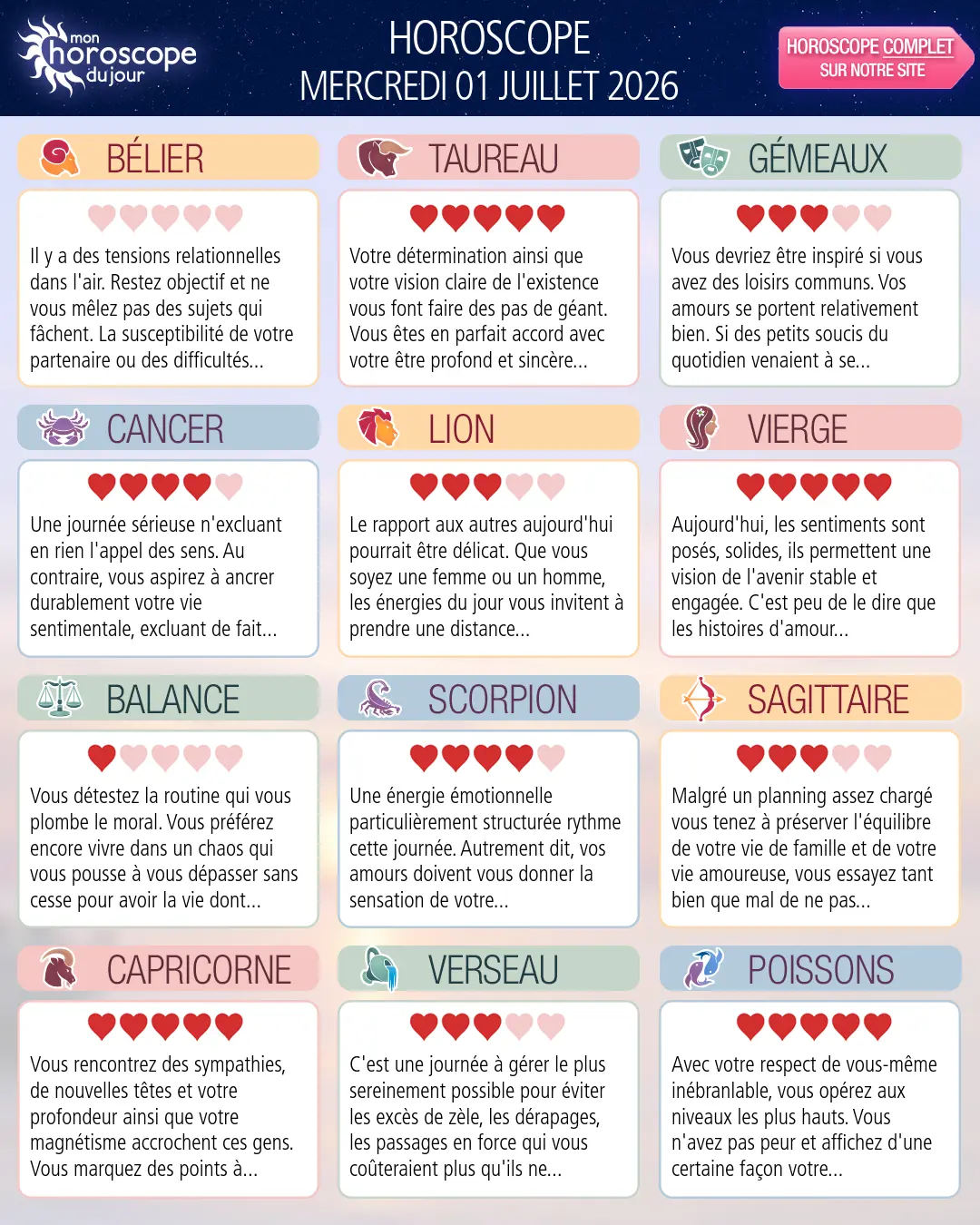 Horoscope du mercredi 1 juillet 2026