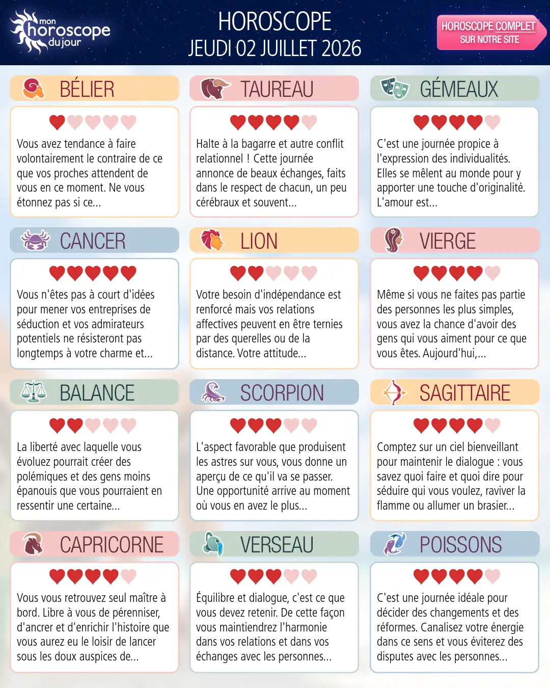 Horoscope du jeudi 2 juillet 2026