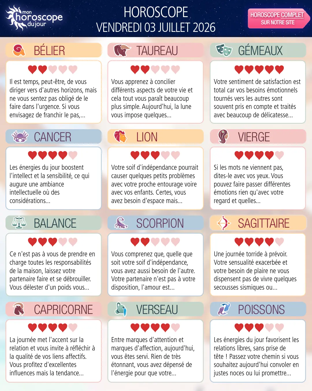Horoscope du vendredi 3 juillet 2026
