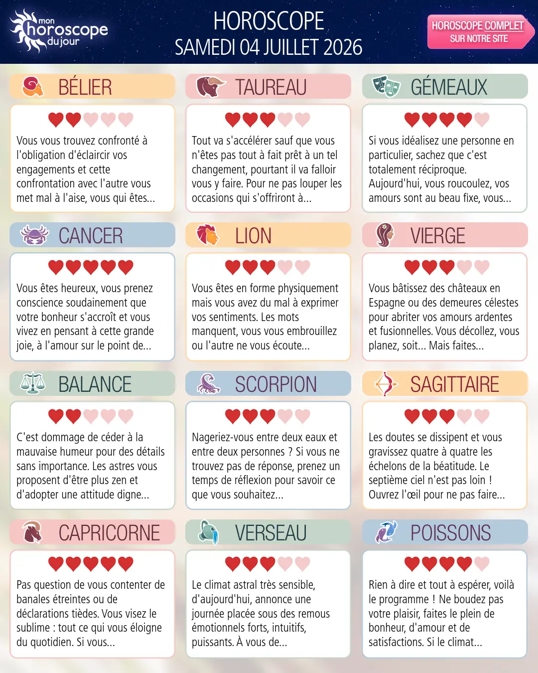 Horoscope du samedi 4 juillet 2026