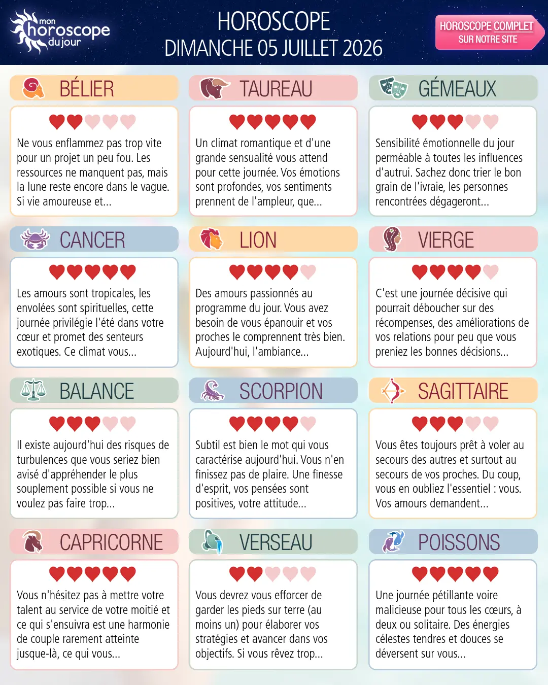Horoscope du dimanche 5 juillet 2026