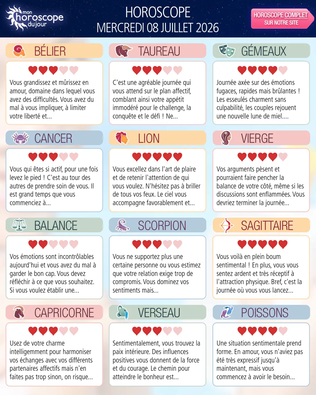 Horoscope du mercredi 8 juillet 2026