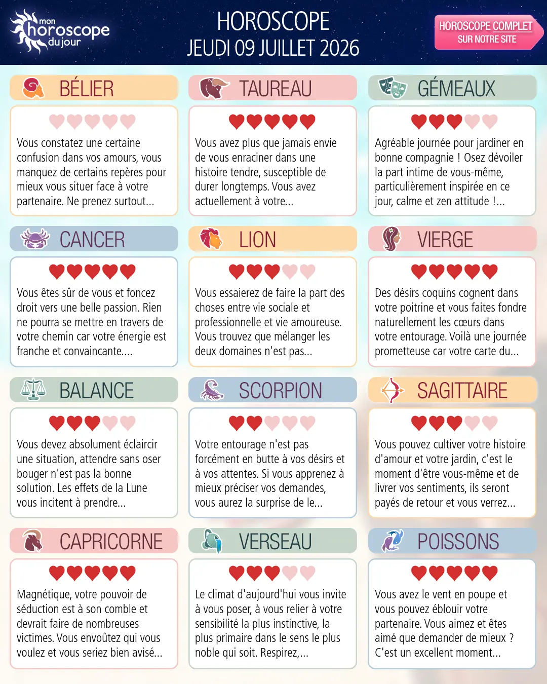 Horoscope du jeudi 9 juillet 2026