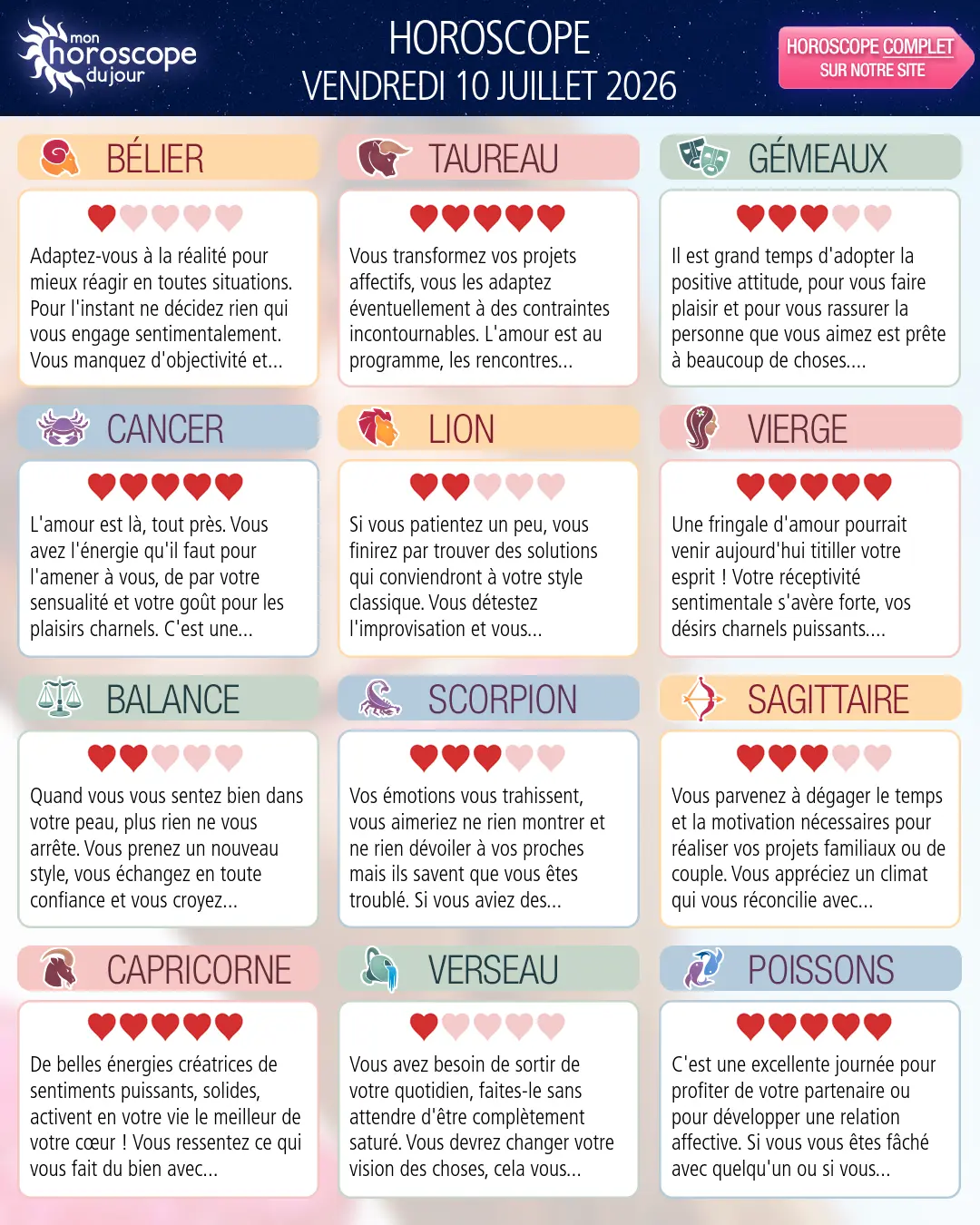 Horoscope du vendredi 10 juillet 2026