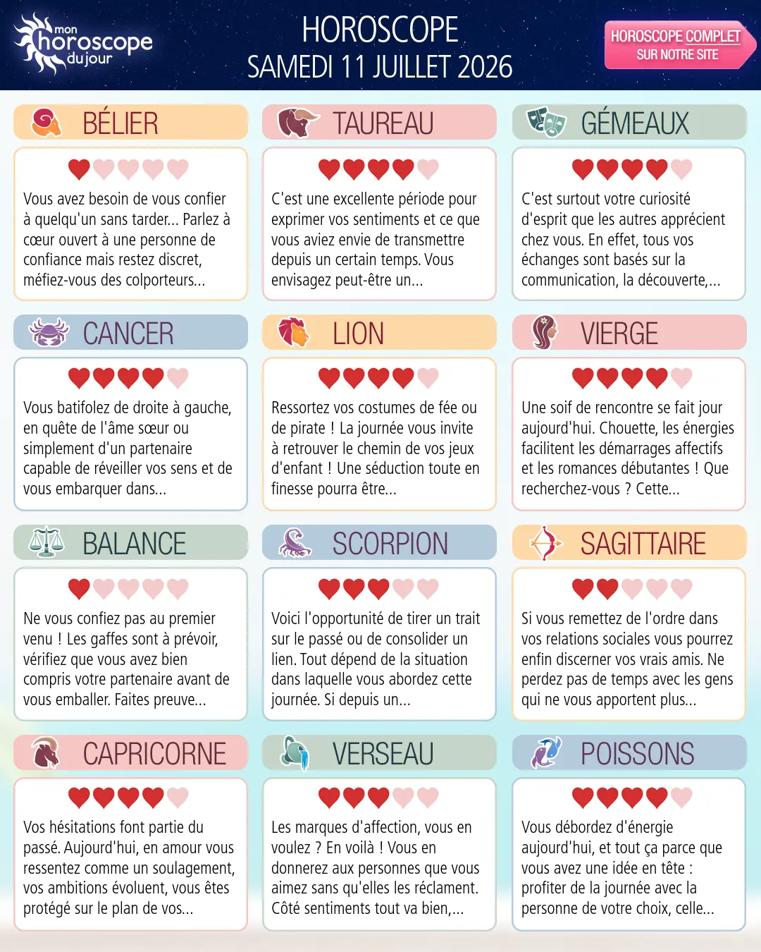 Horoscope du samedi 11 juillet 2026