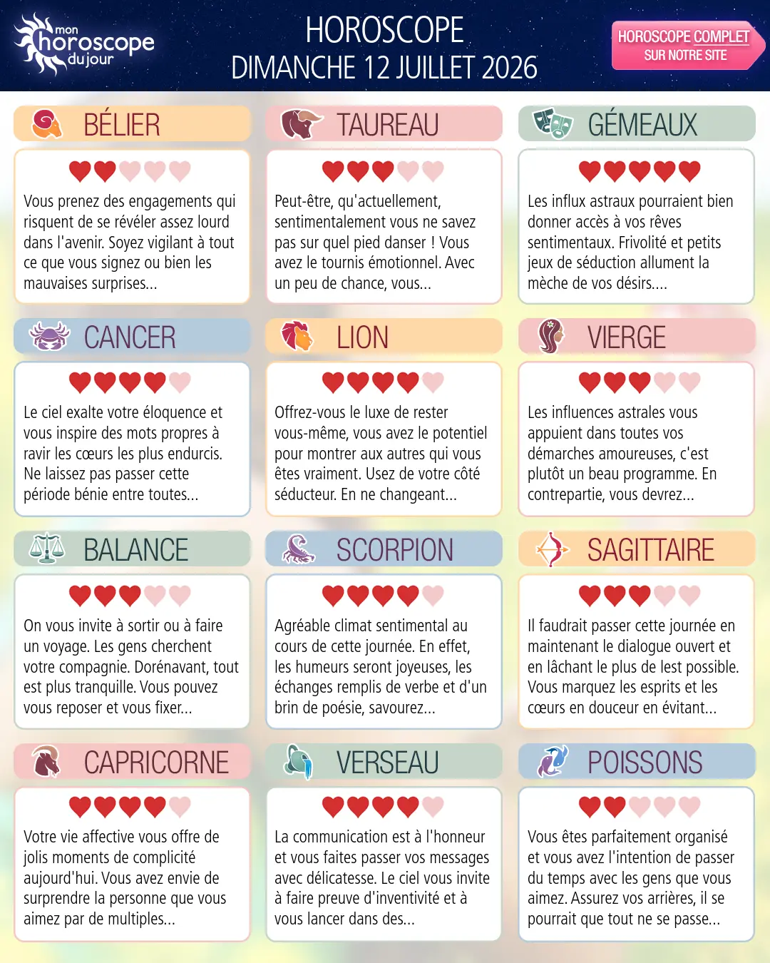 Horoscope du dimanche 12 juillet 2026