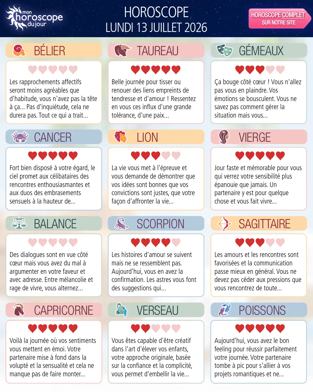 Horoscope du lundi 13 juillet 2026