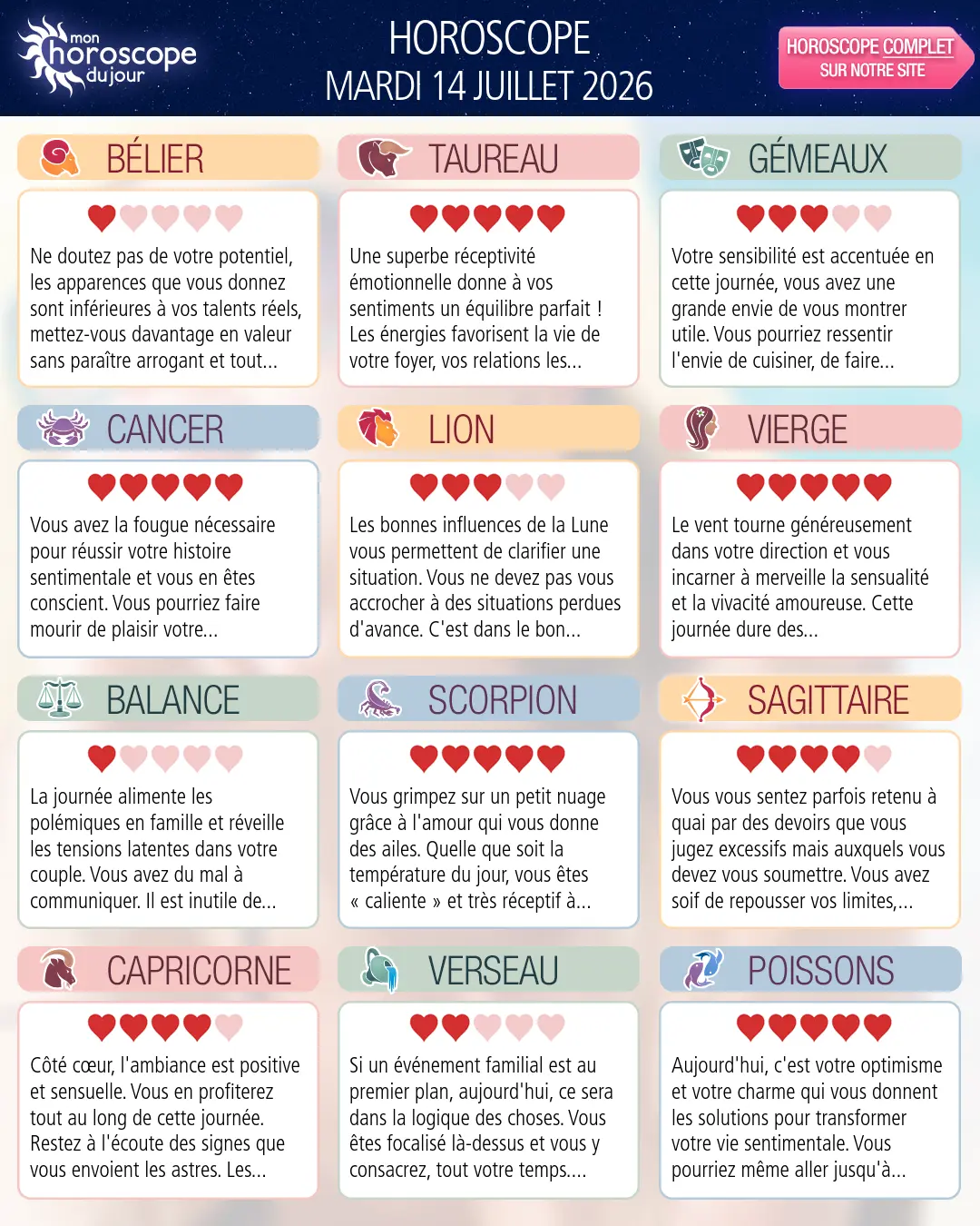 Horoscope du mardi 14 juillet 2026