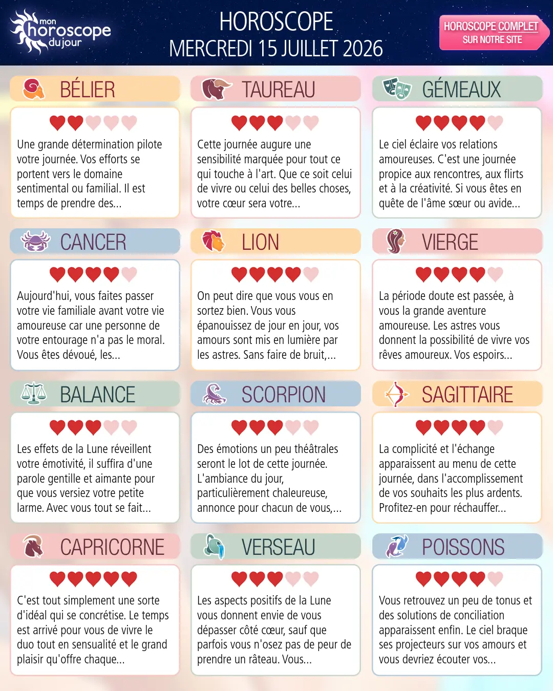 Horoscope du mercredi 15 juillet 2026