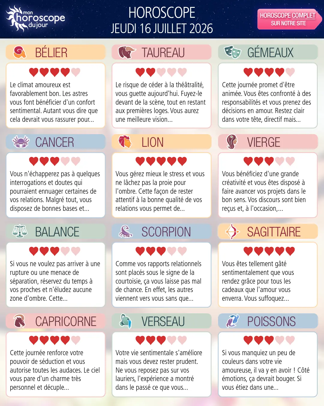 Horoscope du jeudi 16 juillet 2026