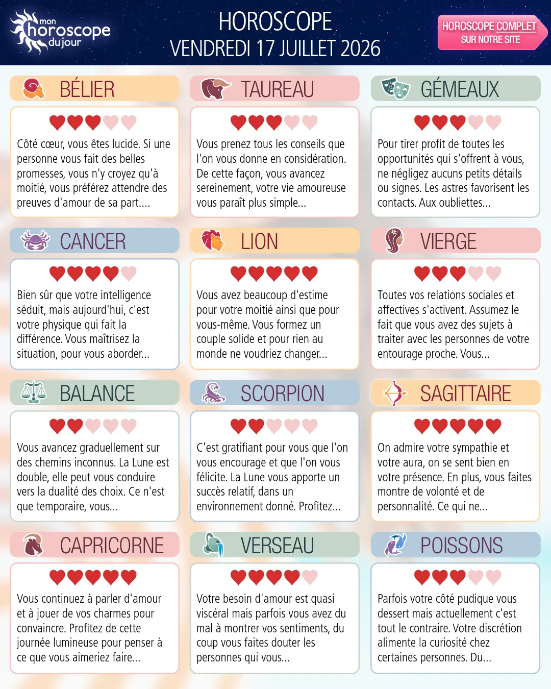 Horoscope du vendredi 17 juillet 2026