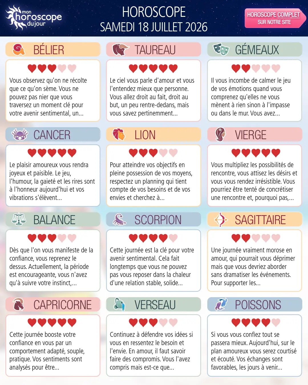Horoscope du samedi 18 juillet 2026