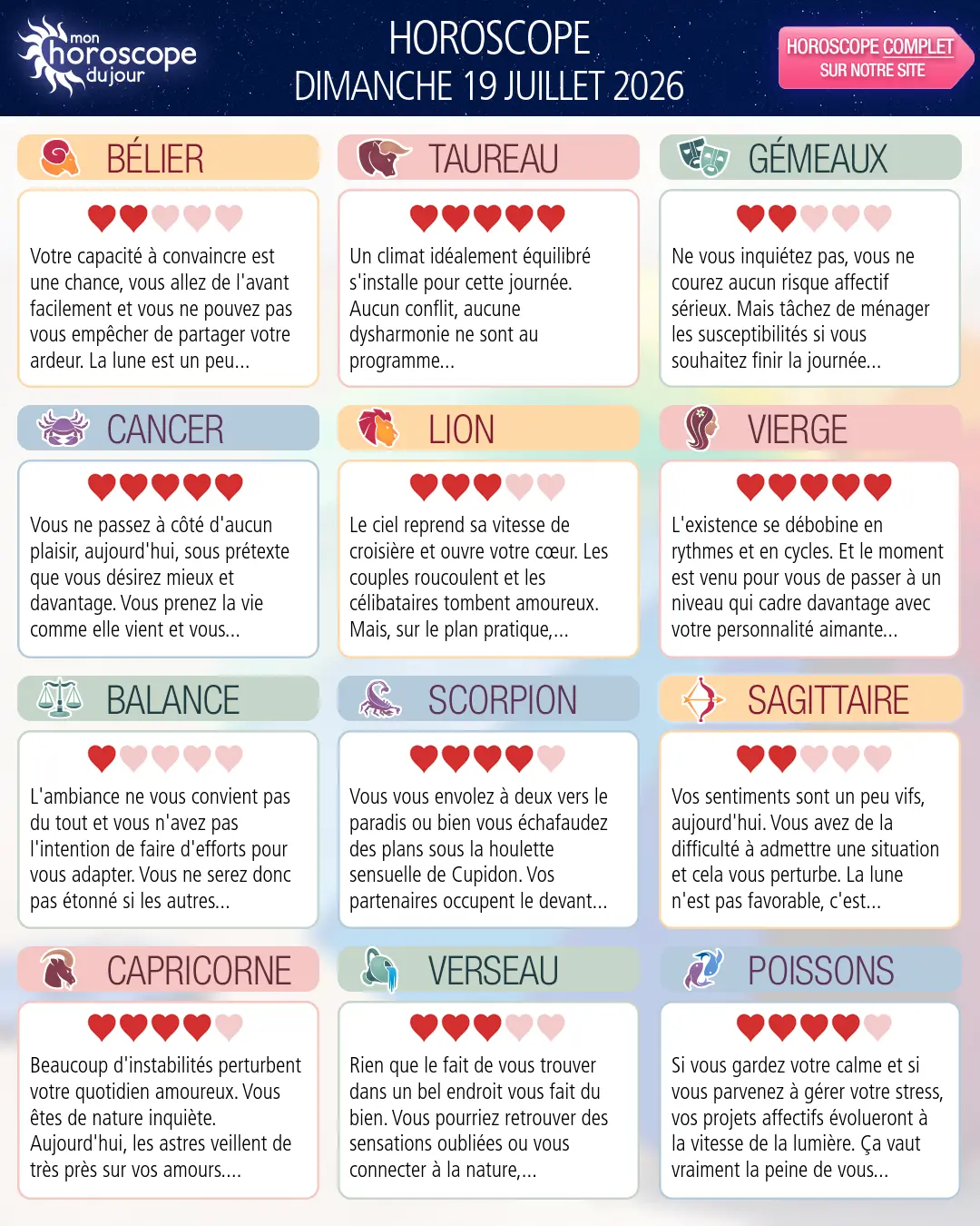 Horoscope du dimanche 19 juillet 2026