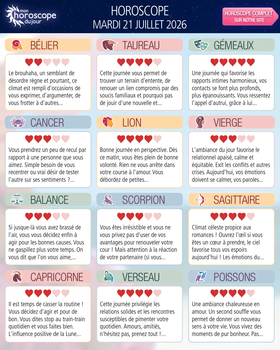 Horoscope du mardi 21 juillet 2026