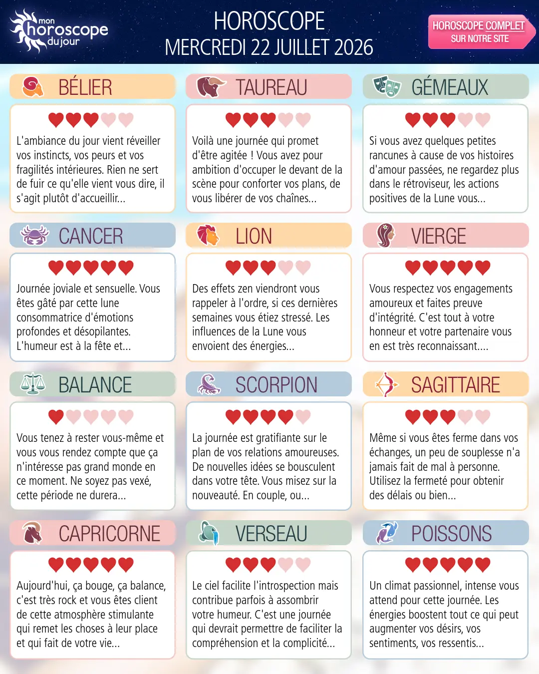 Horoscope du mercredi 22 juillet 2026