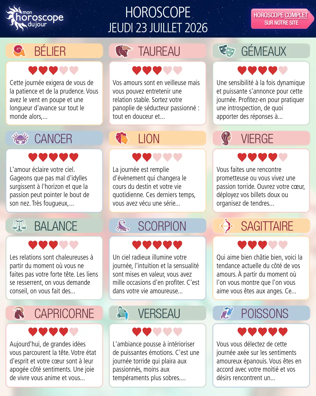 Horoscope du jeudi 23 juillet 2026