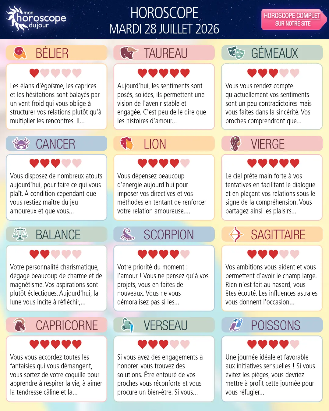 Horoscope du mardi 28 juillet 2026