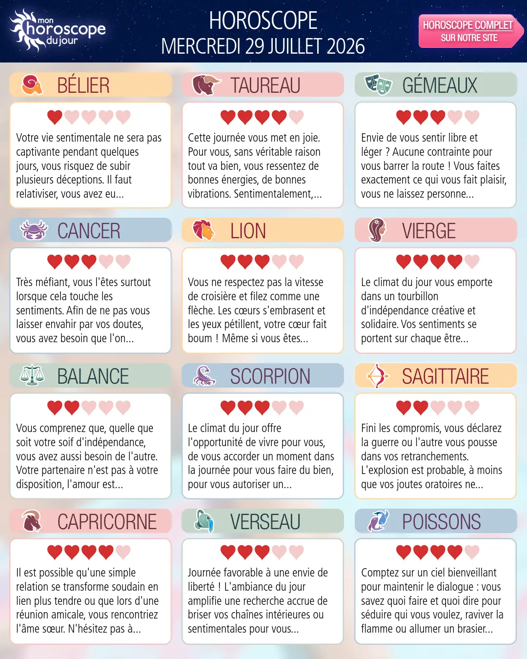 Horoscope du mercredi 29 juillet 2026