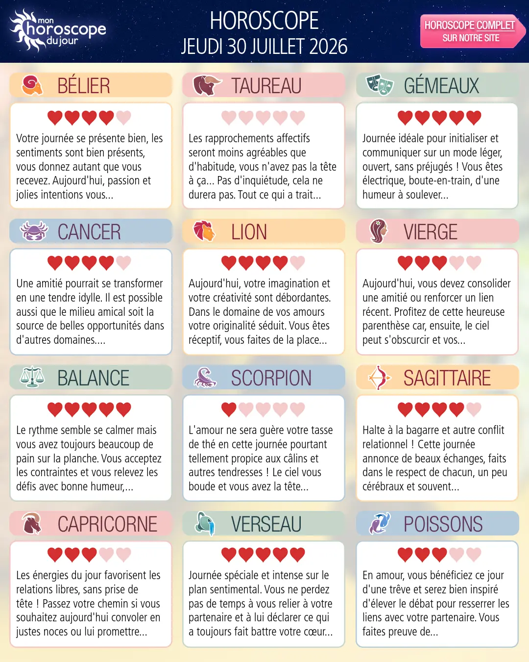 Horoscope du jeudi 30 juillet 2026