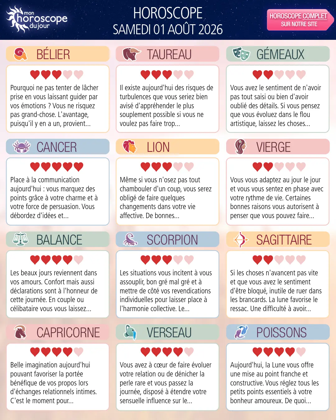 Horoscope du samedi 1 aout 2026