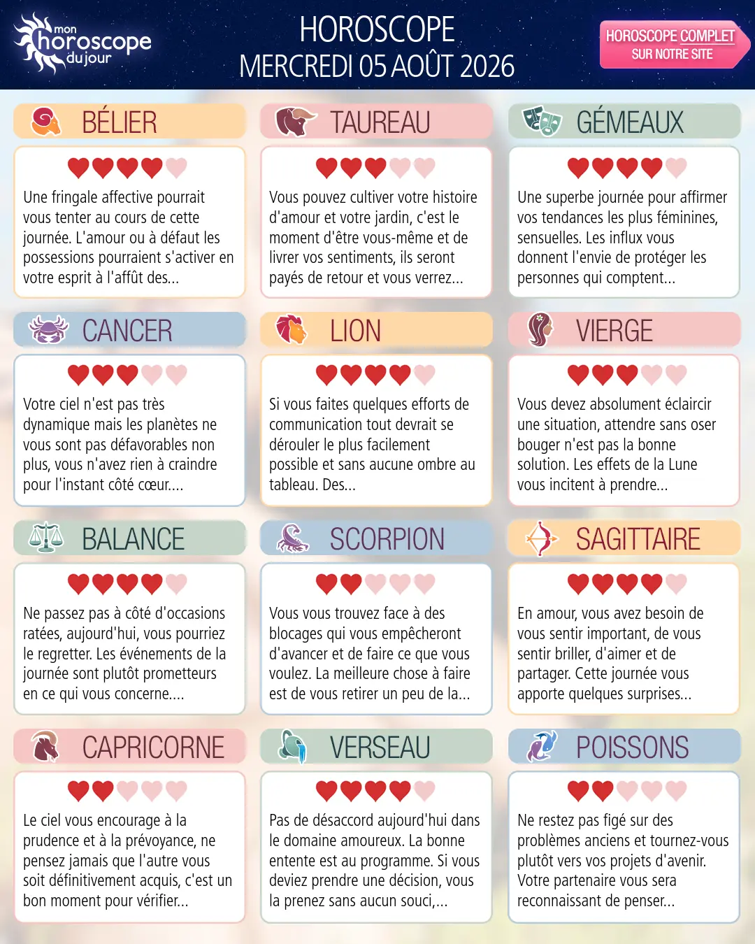 Horoscope du mercredi 5 aout 2026