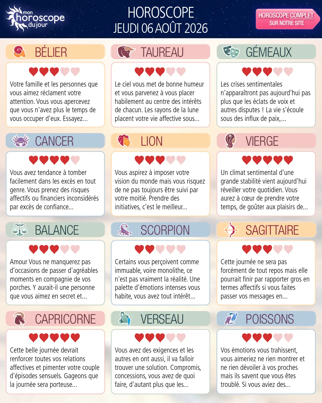 Horoscope du jeudi 6 aout 2026