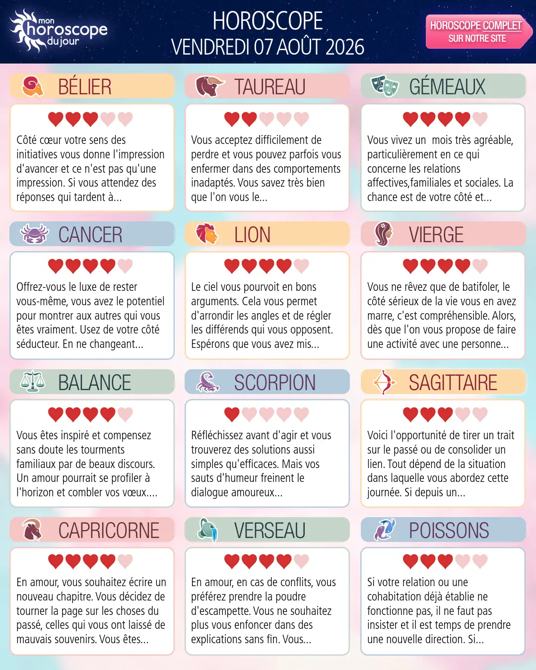 Horoscope du vendredi 7 aout 2026
