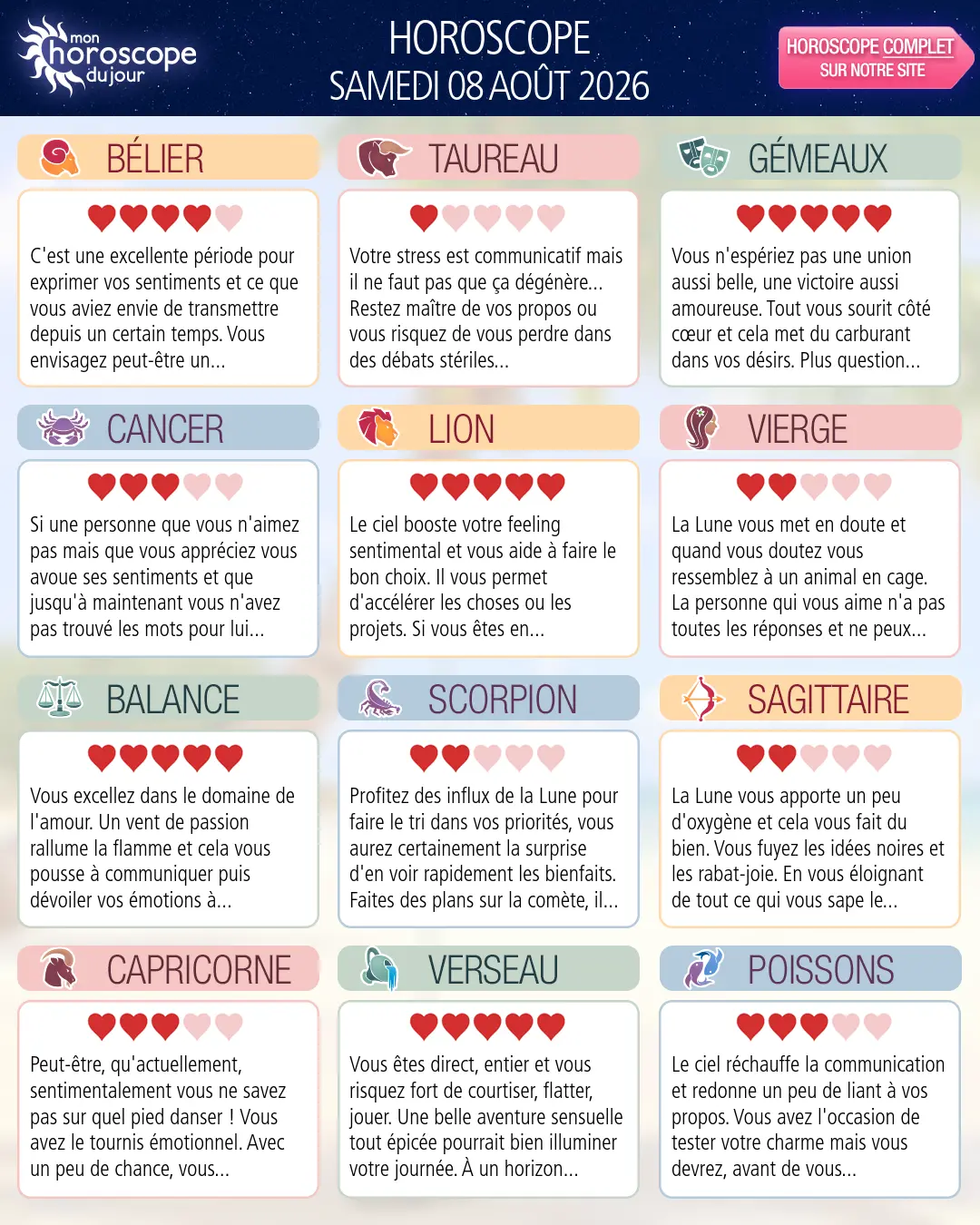 Horoscope du samedi 8 aout 2026