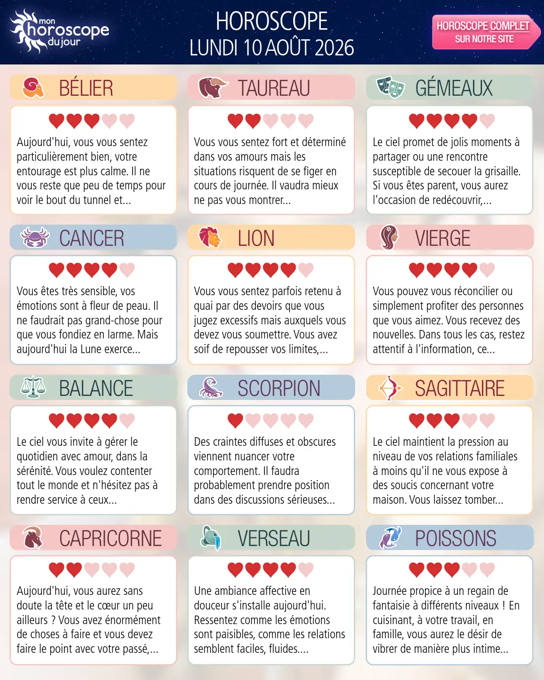 Horoscope du lundi 10 aout 2026