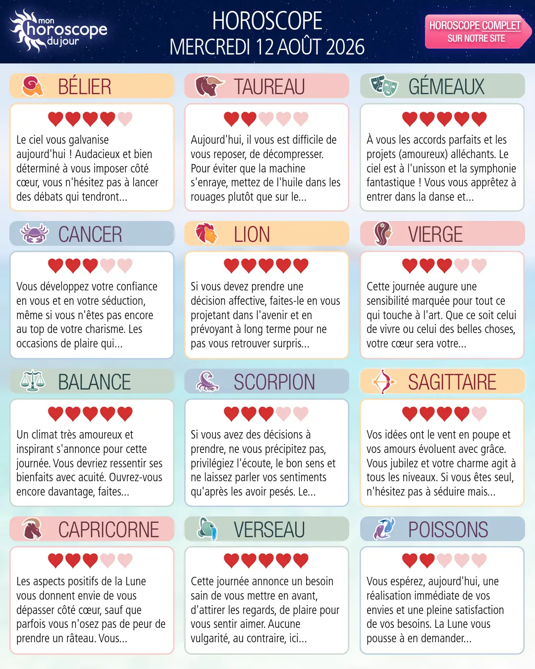 Horoscope du mercredi 12 aout 2026