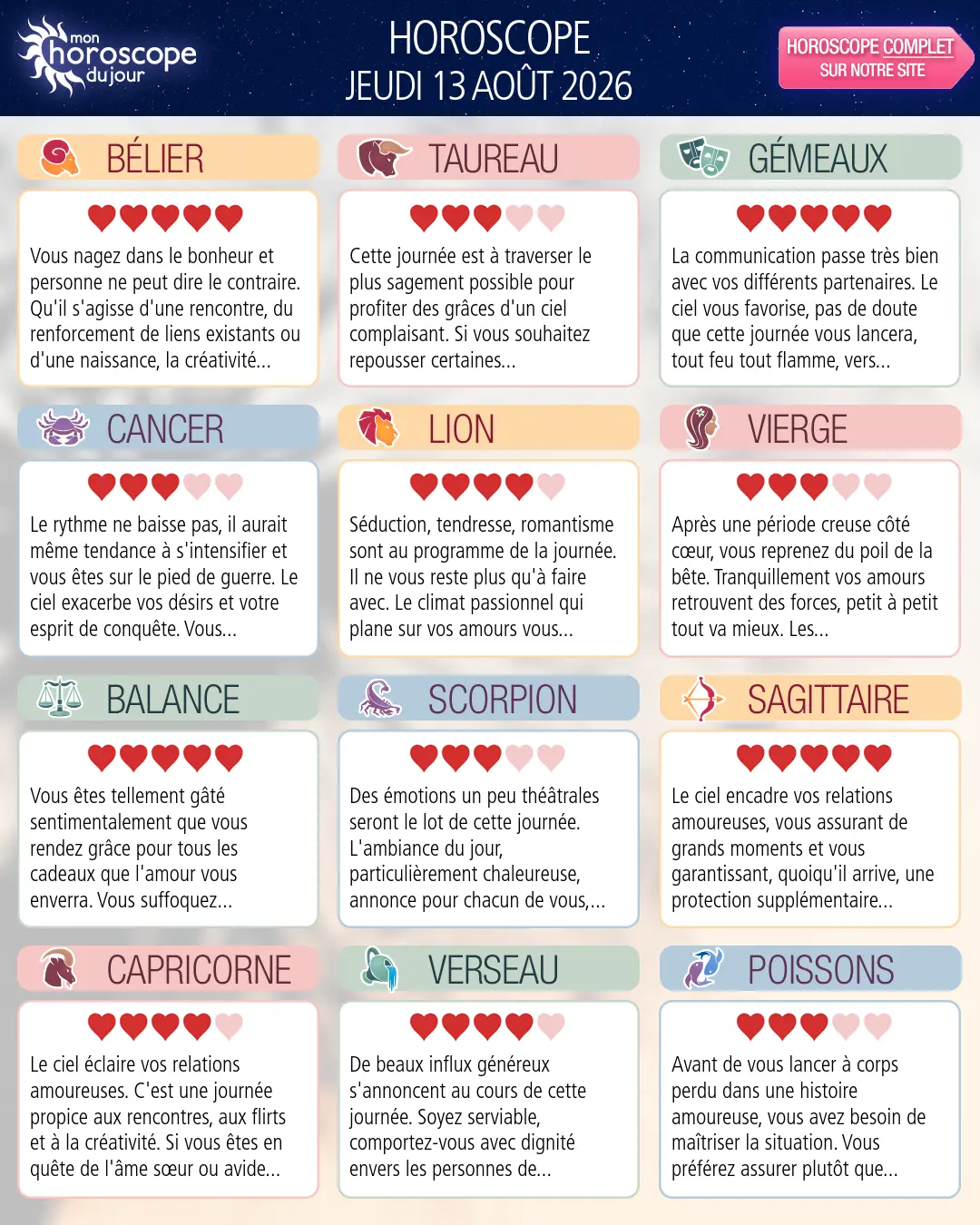 Horoscope du jeudi 13 aout 2026