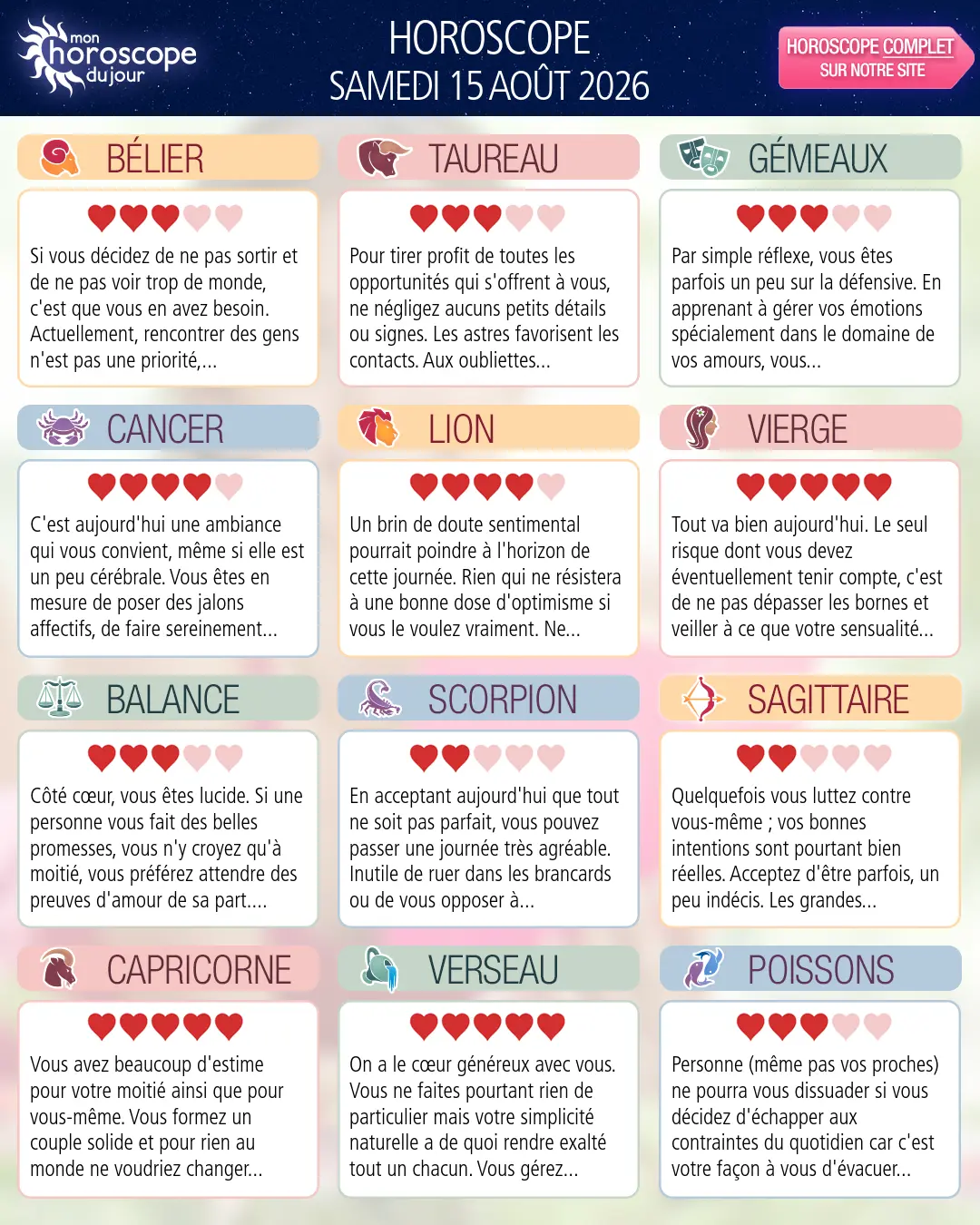 Horoscope du samedi 15 aout 2026