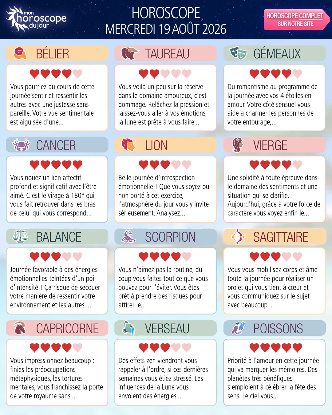Horoscope du mercredi 19 aout 2026