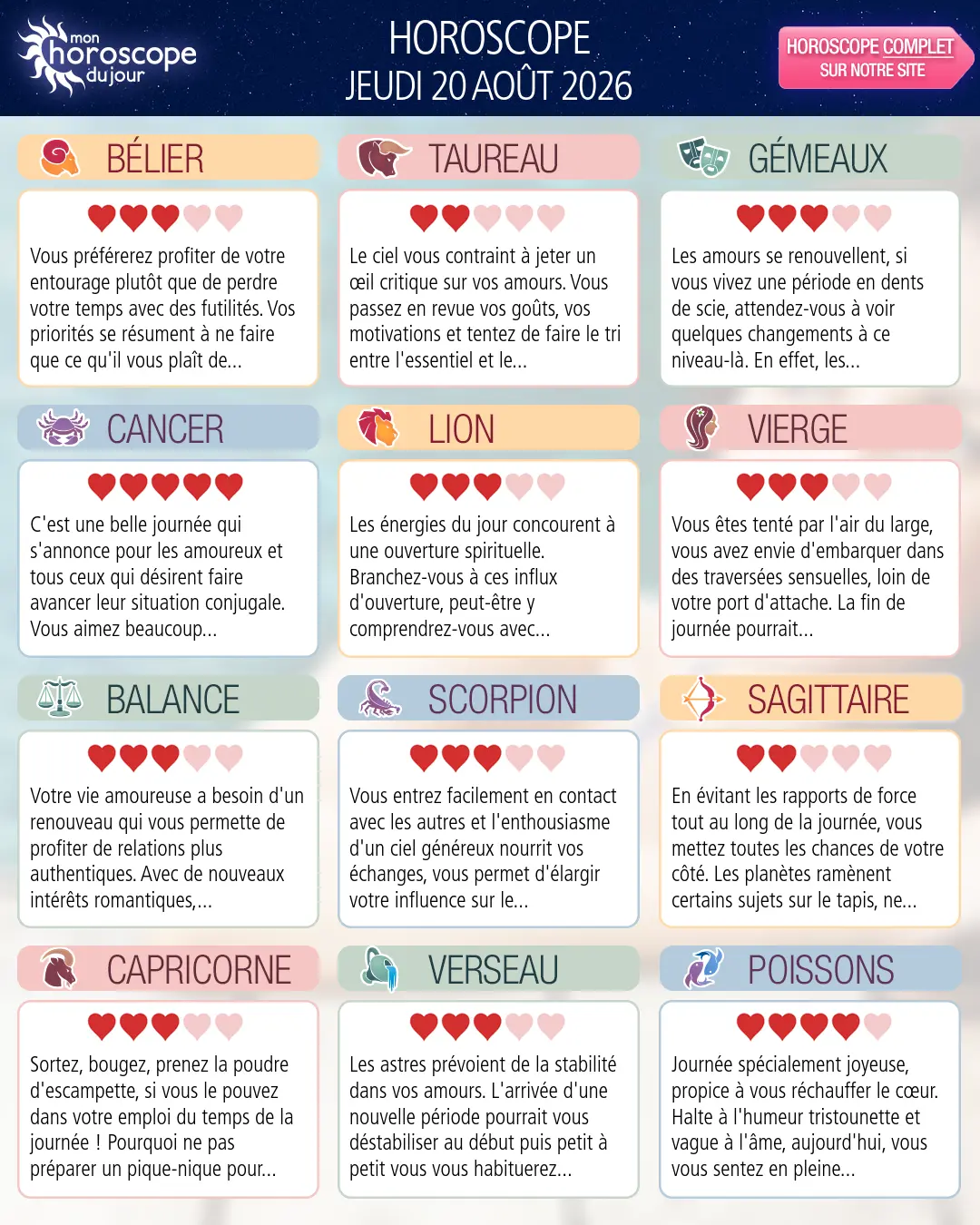 Horoscope du jeudi 20 aout 2026