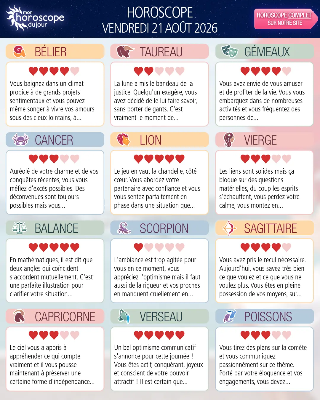 Horoscope du vendredi 21 aout 2026
