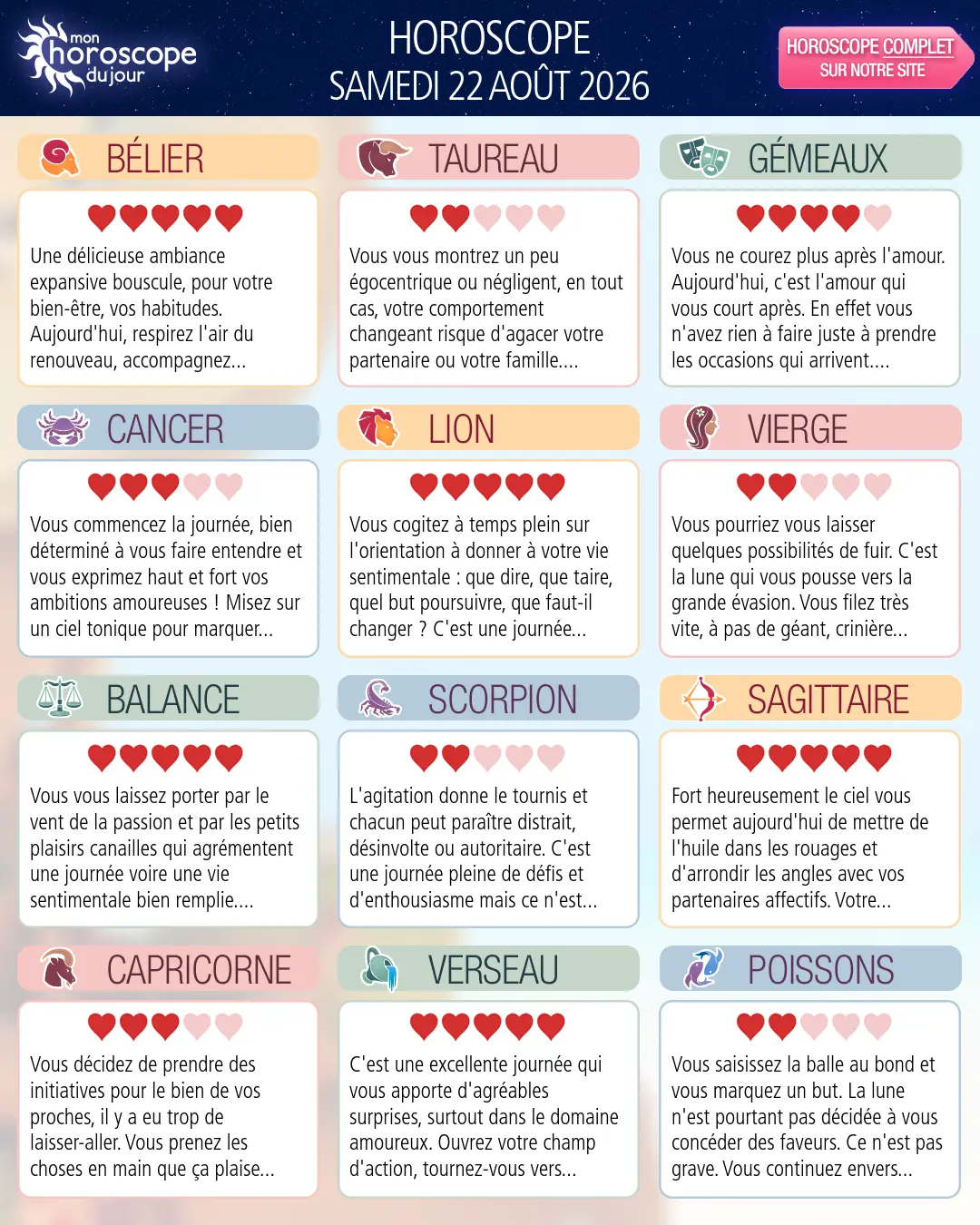 Horoscope du samedi 22 aout 2026