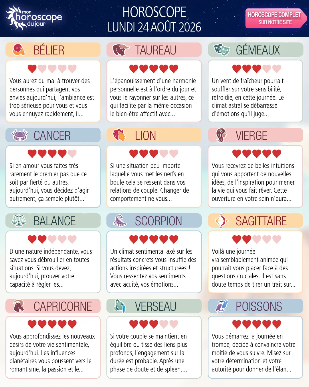 Horoscope du lundi 24 aout 2026