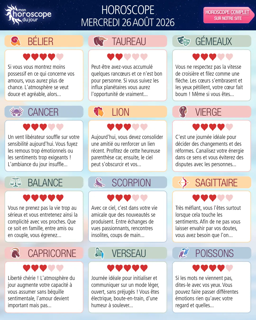 Horoscope du mercredi 26 aout 2026