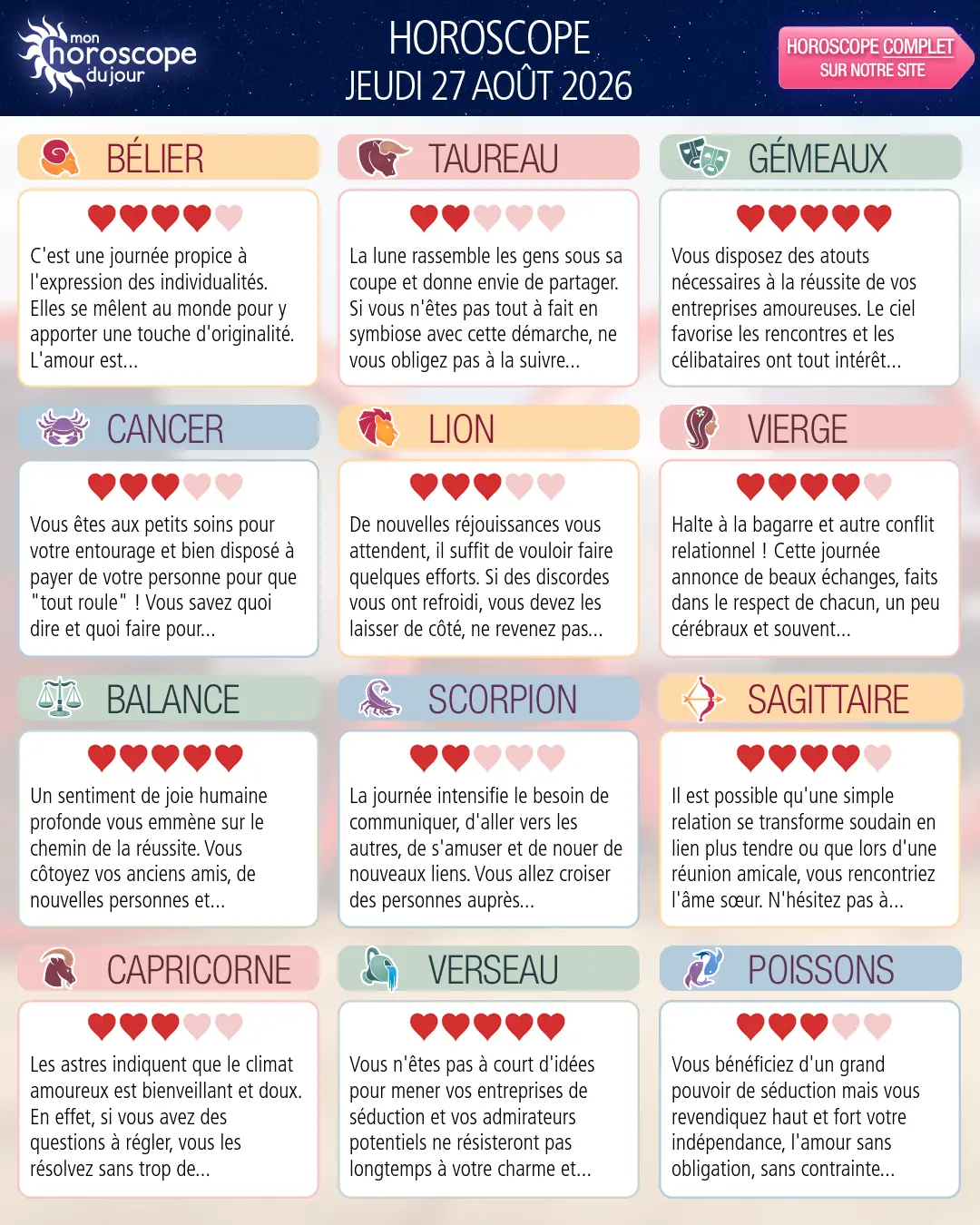 Horoscope du jeudi 27 aout 2026