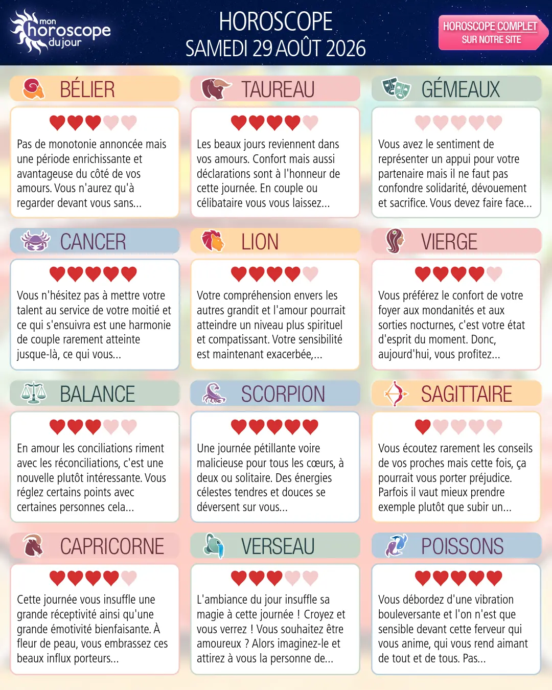 Horoscope du samedi 29 aout 2026
