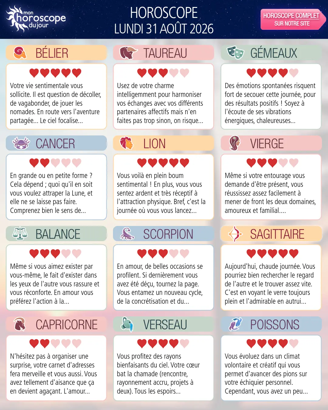 Horoscope du lundi 31 aout 2026