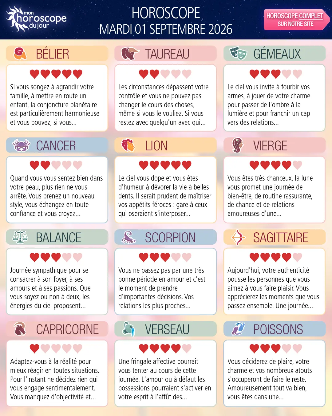 Horoscope du mardi 1 septembre 2026