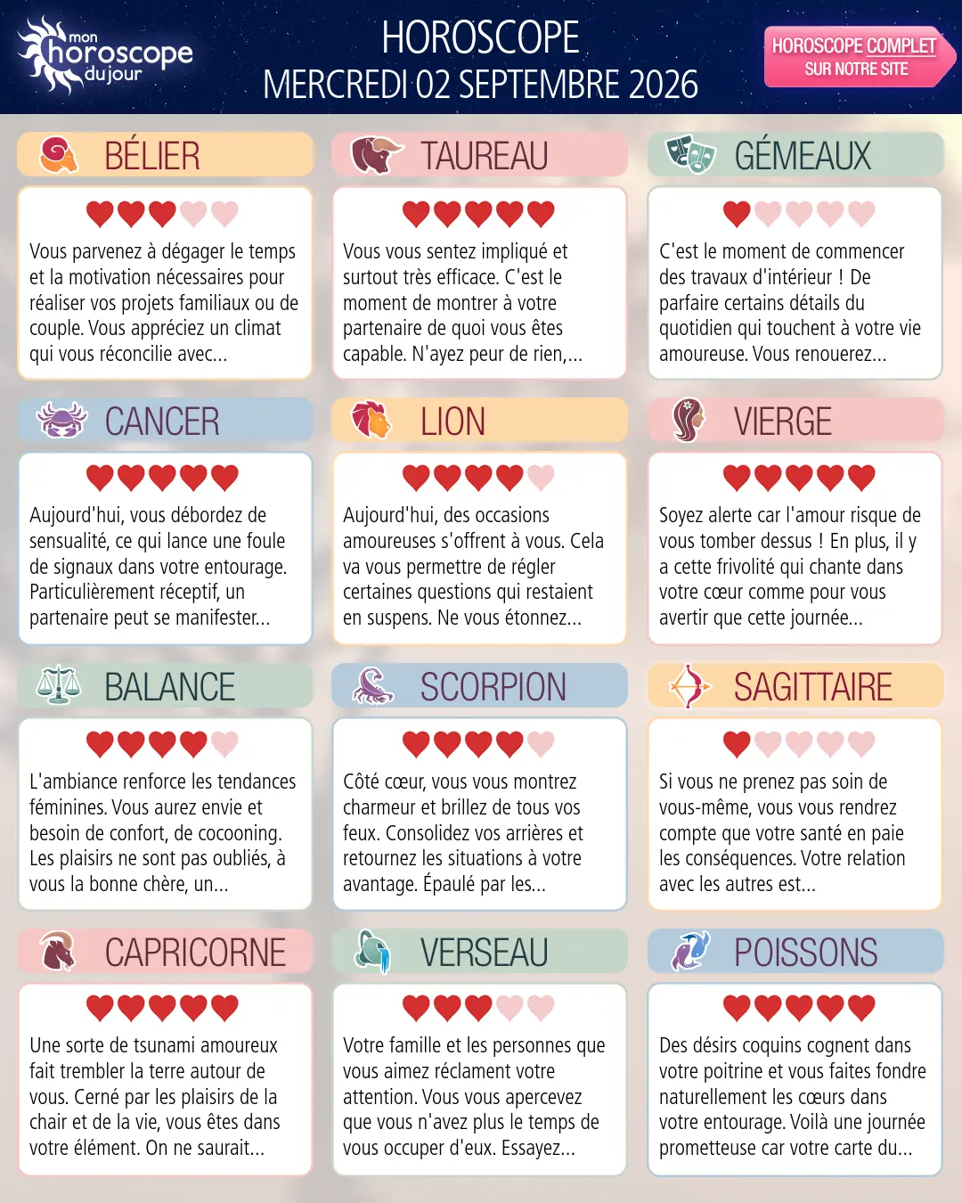 Horoscope du mercredi 2 septembre 2026