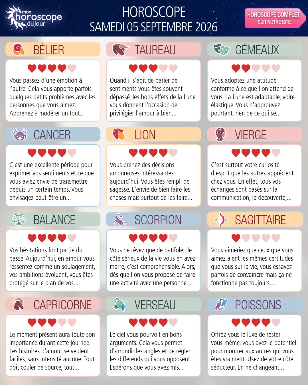 Horoscope du samedi 5 septembre 2026