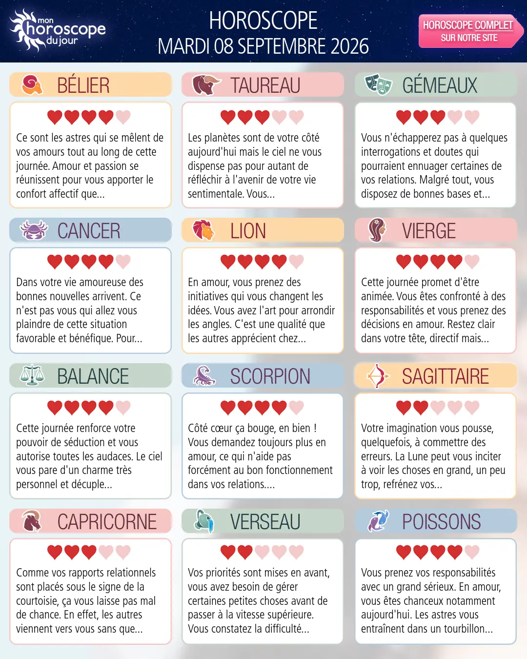 Horoscope du mardi 8 septembre 2026