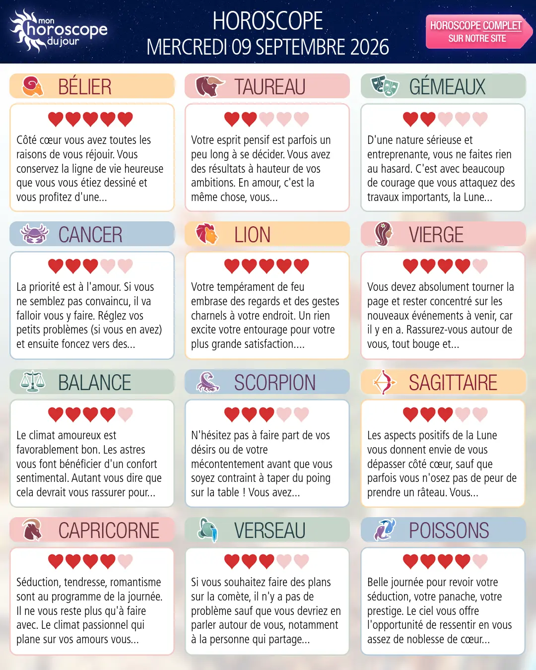 Horoscope du mercredi 9 septembre 2026