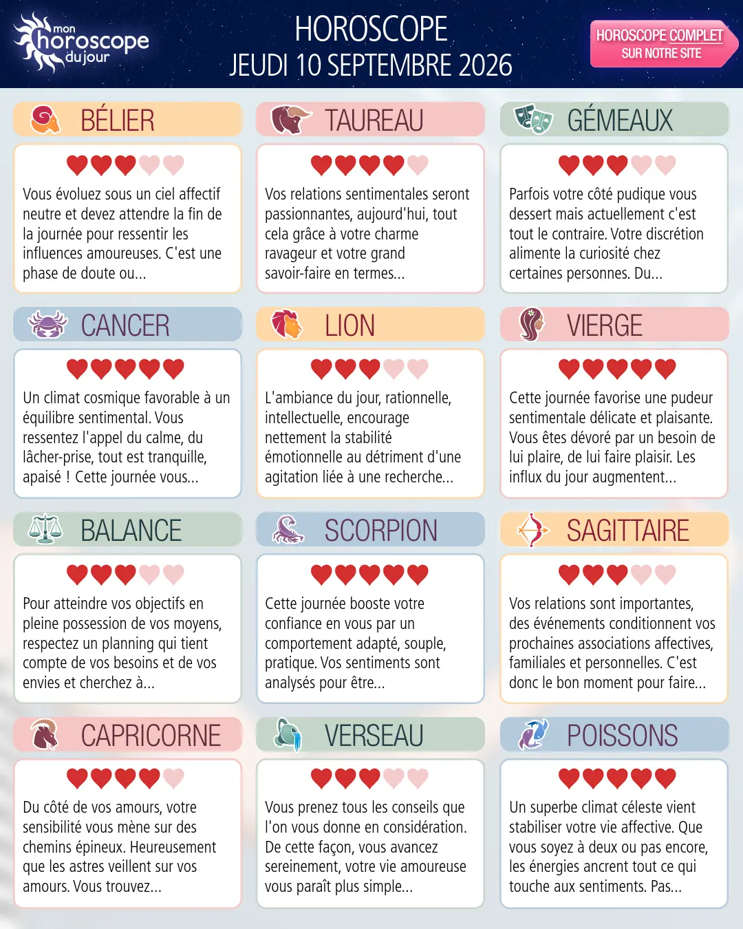 Horoscope du jeudi 10 septembre 2026