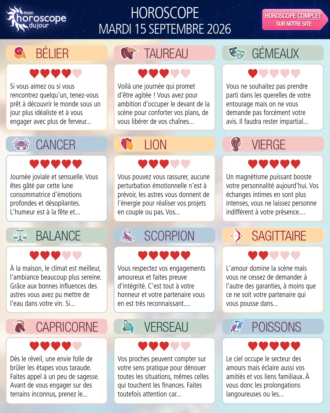 Horoscope du mardi 15 septembre 2026