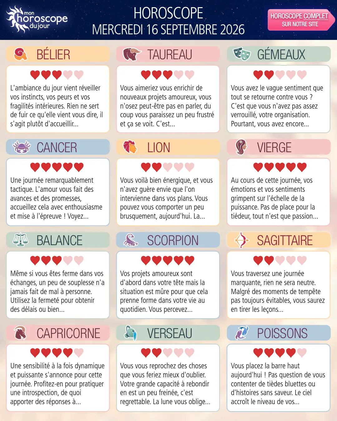 Horoscope du mercredi 16 septembre 2026
