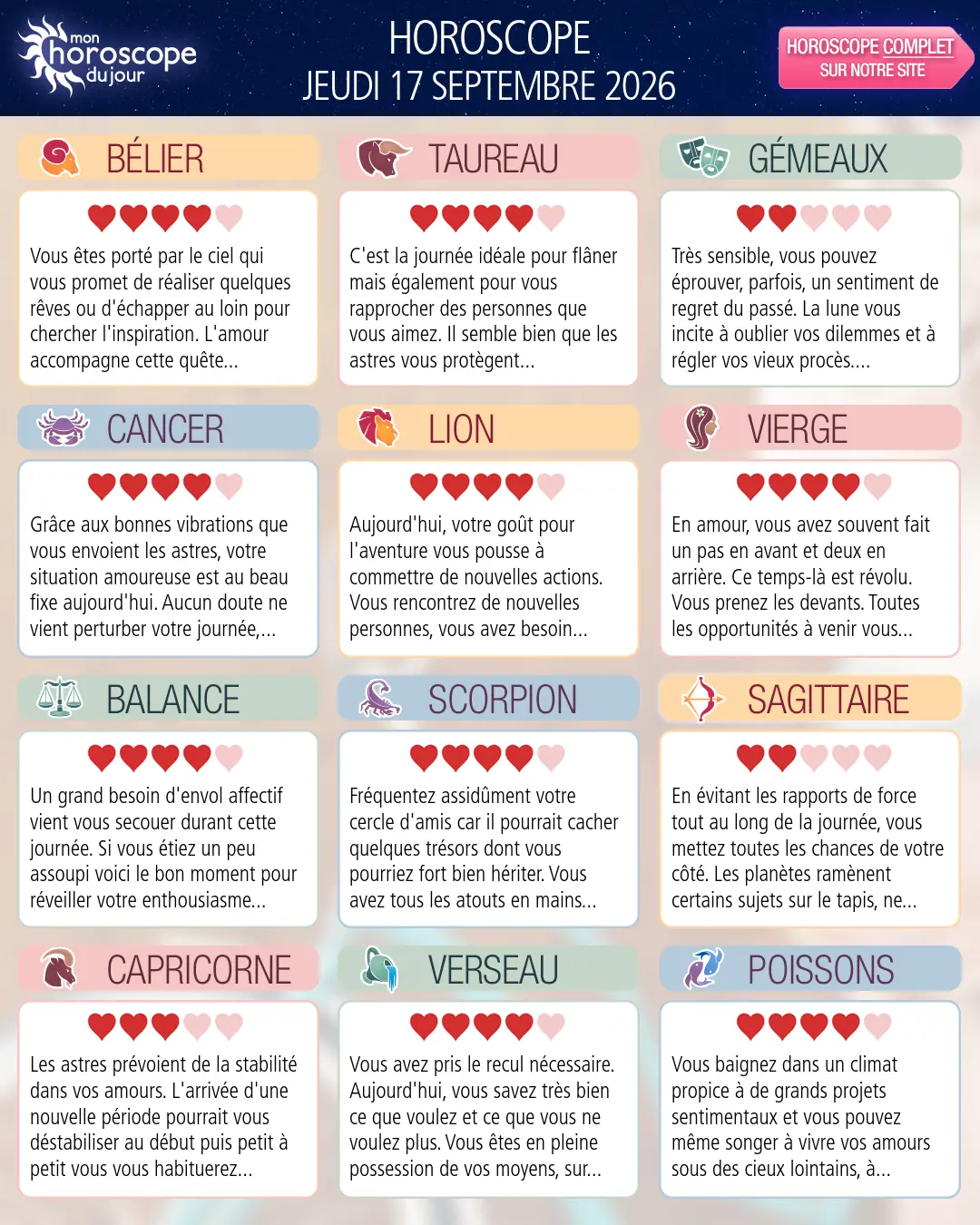 Horoscope du jeudi 17 septembre 2026